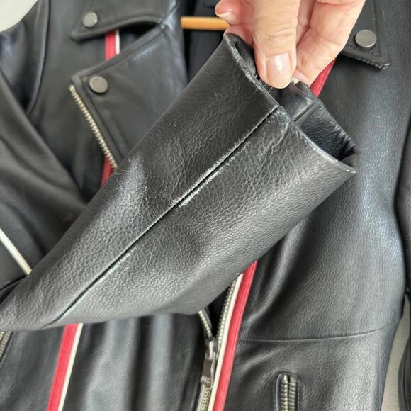 Joe’s Collection Moto Black Leather Jacket Red White Piping Size S - Picture 7 of 14